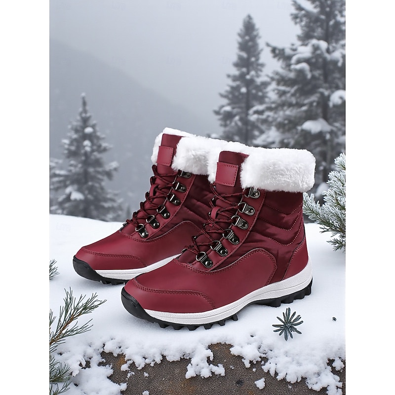 Women's Burgundy Waterproof Winter Snow Boots with Faux Fur Lining, Lace-Up Outdoor Hiking Warm Ankle Shoes for Cold Weather