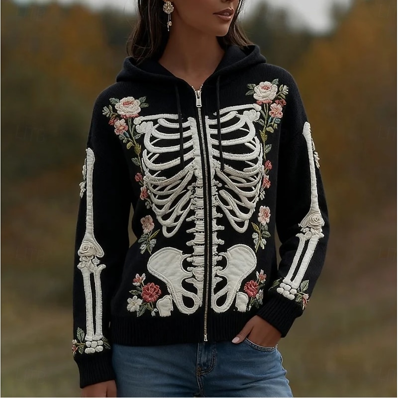 Women's Zip Up Hoodies Graphic Skull Punk Active Vintage Long Sleeve Hooded Regular Tops Home Dailywear Casual Patchwork Black Red Dark Gray Fall Winter3