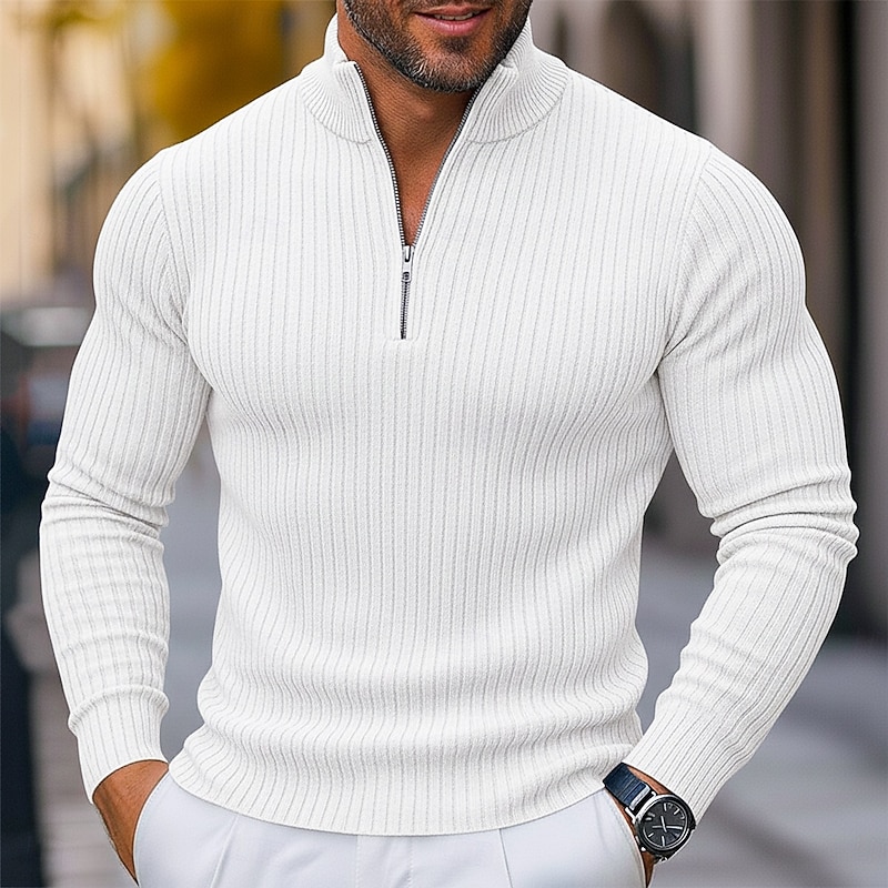 Men's Golf Polos Shirts Knit Polo Vacation Work Half Zip Ribbed Polo Collar Long Sleeve Basic Modern Plain Knitted Quarter Zip Summer Spring & Summer Regular Fit White Navy Blue Blue Green Gray Golf3