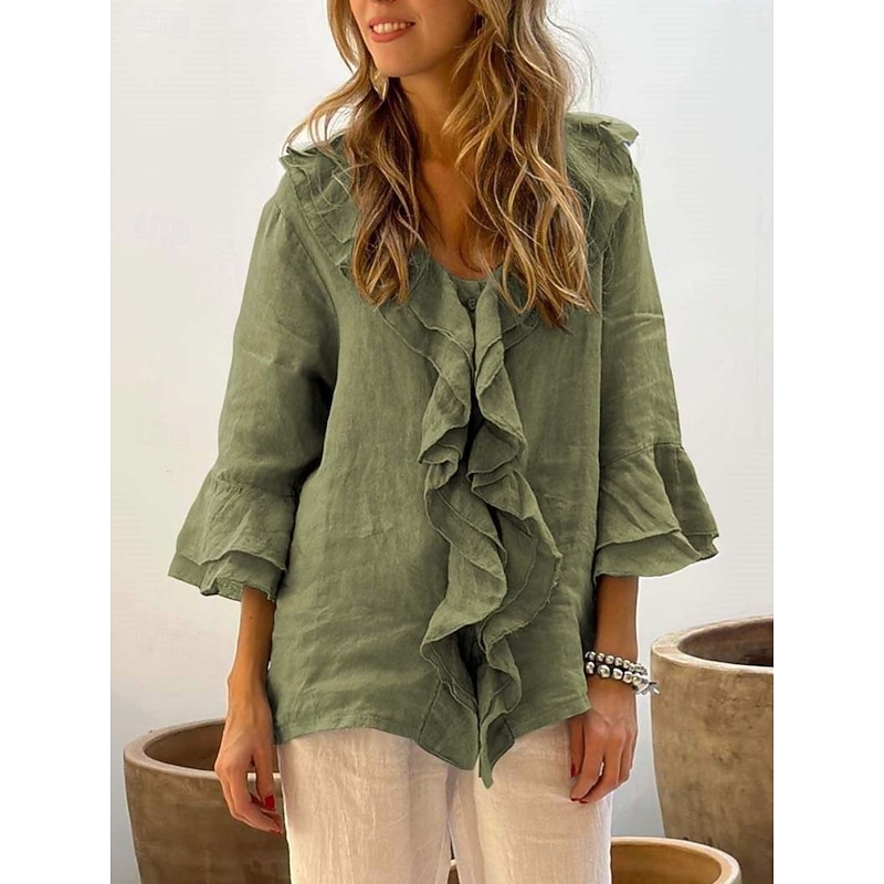 Women's Shirt Solid Color Stylish Casual Long Sleeve V Neck Regular Tops Daily Ruffle White Yellow Red Brown Green Summer Spring Fall4