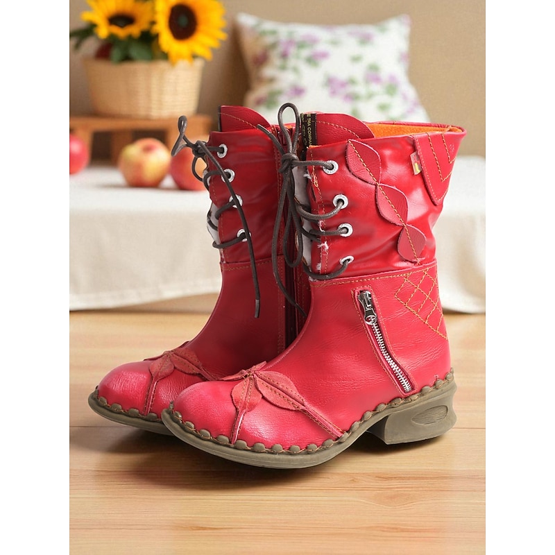 Women's Red Genuine Leather Handmade Lace-Up Boots – Vintage Craft Ankle Boots for Casual and Retro Style2