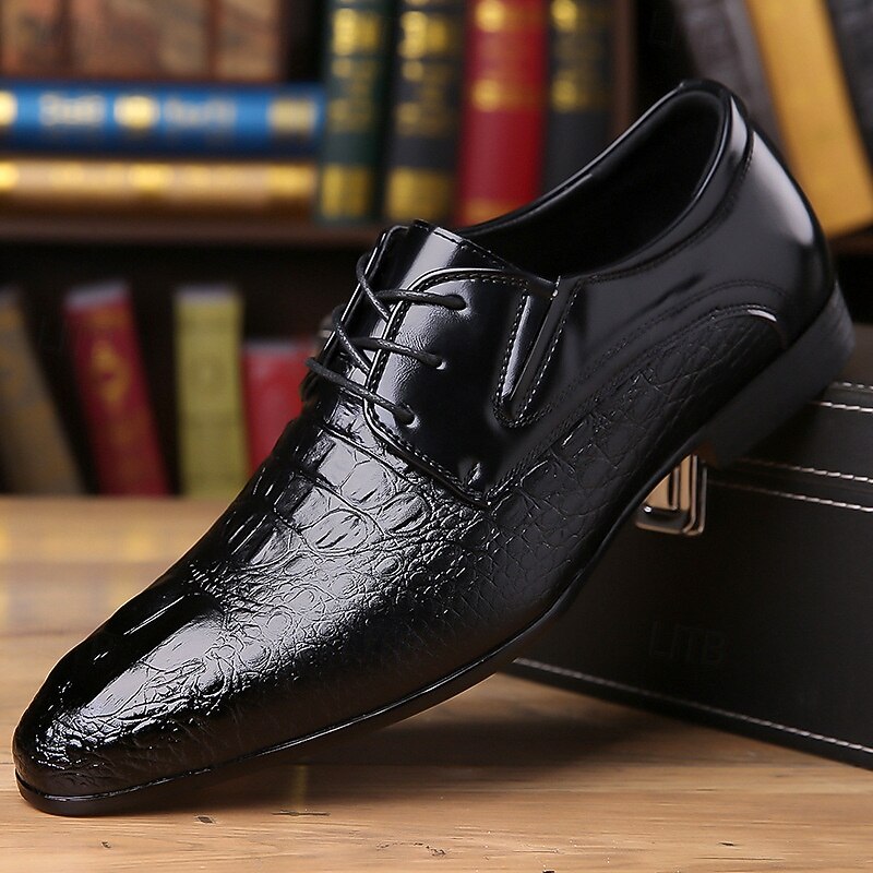 Men's Glossy Brown Crocodile Pattern Leather Dress Shoes – Elegant Lace-Up Formal Shoes for Office Wear, Banquets and Evening Events2