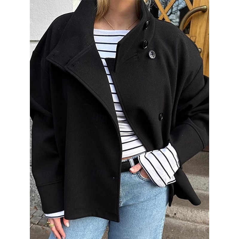 Women's Casual Jacket Comfortable Breathable Buttons Casual Plain Vacation Street Casual Daily Wear Single Breasted Short Stand Collar Loose Fit Long Sleeve Outerwear Black Spring Fall