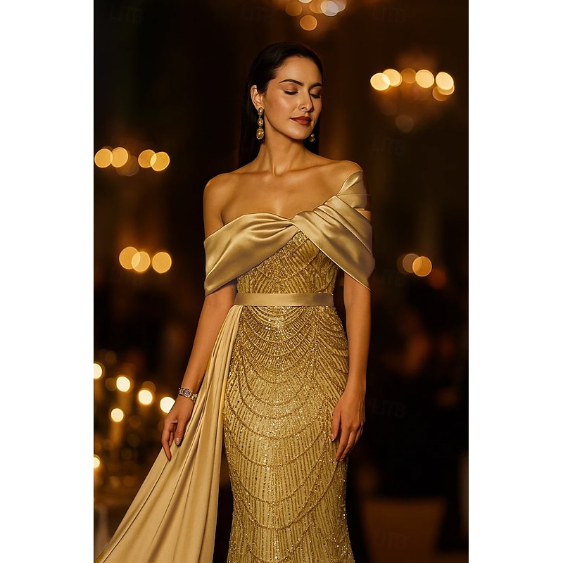 Gold Sequin Mermaid / Trumpet Evening Gown Elegant Formal Dress Formal Wedding Floor Length Sleeveless Off Shoulder Sequined with Glitter 20253