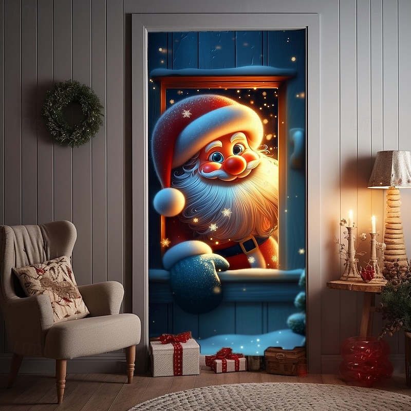 Christmas Door Cover Winter Holiday Curtain Decoration Festive Drapes Featuring Santa Claus Sitting On Window Sill With Merry Christmas Print Large Fabric Panel For Home Living Room Bedroom Entryway D2