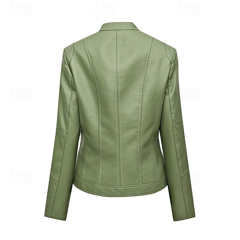 Women's Faux Leather Jacket Comfortable Zipper Pocket Fashion Plain Outdoor Vacation Going out Weekend Regular Collarless Regular Fit Long Sleeve Outerwear Black Red Green Spring Fall2