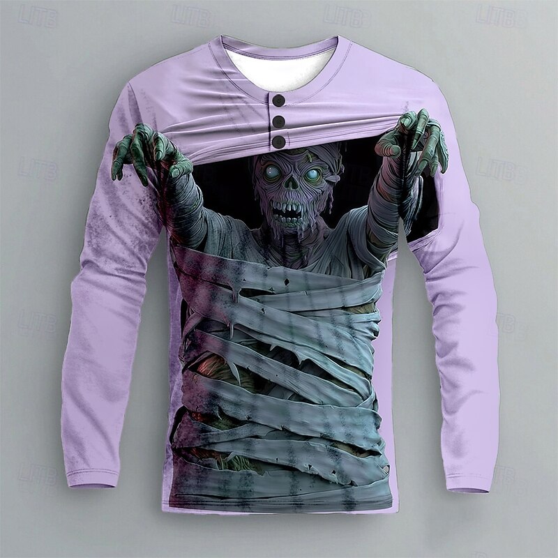 Men's Zombies Henley Shirt Long Sleeve Fashion Cute Daily Casual Holiday Going out Fall Spring &  Fall Blue Purple Khaki Henley Henley T-Shirt2