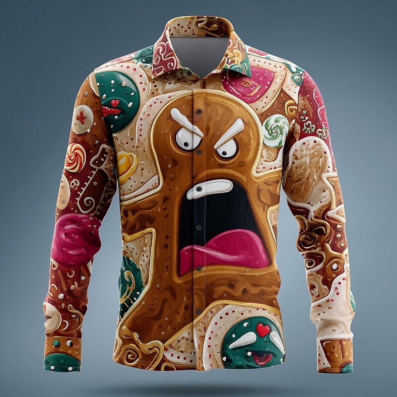 Christmas Men's 3D Cartoon Smile Face Gingerbread Man Shirt Button Up Shirt Long Sleeve Funny Outdoor Holiday Spring Fall Turndown 3D Print Collared Shirts White Khaki Apricot3