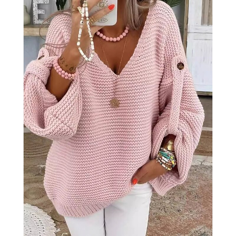 Women's Sweater Pullover Streetwear Casual Solid Color V Neck Knitted Long Sleeve Regular Tops Knit Daily Holiday Going out Black White Fall Winter4