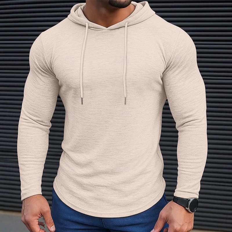 Men's T Shirt Long Sleeve Hooded Spring Fall All Seasons Solid Color Traditional / Vintage Casual Hooded Outdoor Casual Activewear Light Blue White Dark Brown Top Tee for Men4