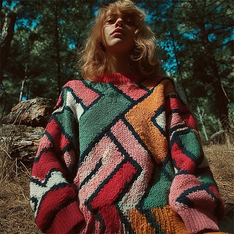 Women's Sweater Pullover Daily Casual Geometric Ribbed Crew Neck Knitted Print Long Sleeve Regular Tops Knit Outdoor Weekend Pink Fall Winter