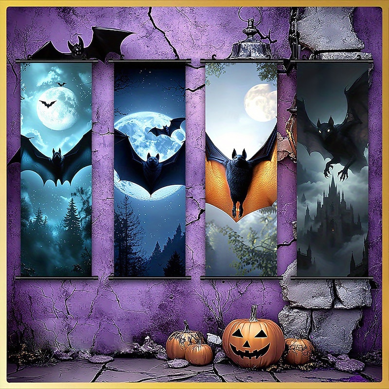 4 Pcs Halloween Wall Tapestry Flying Bats Night Pattern Wall Banner Party Decoration Interior Decor Witch House Accessories3
