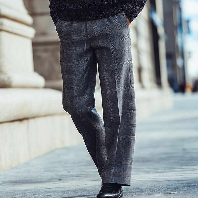 Men's Geometric Grid / Plaid Trousers Dress Pants Suit Pants Mid Waist Business Casual Formal Dailywear Regular Fit Flat-Front Straight Leg Pants with Pockets Summer Spring Fall 3D Print khaki Dark3