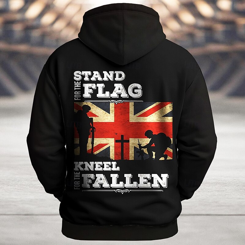 Men's Flag UK Hoodie Sweatshirt Sports Fashion Crew Neck Outdoor Office Streetwear Black Blue Drawstring 3D Fall Winter Designer