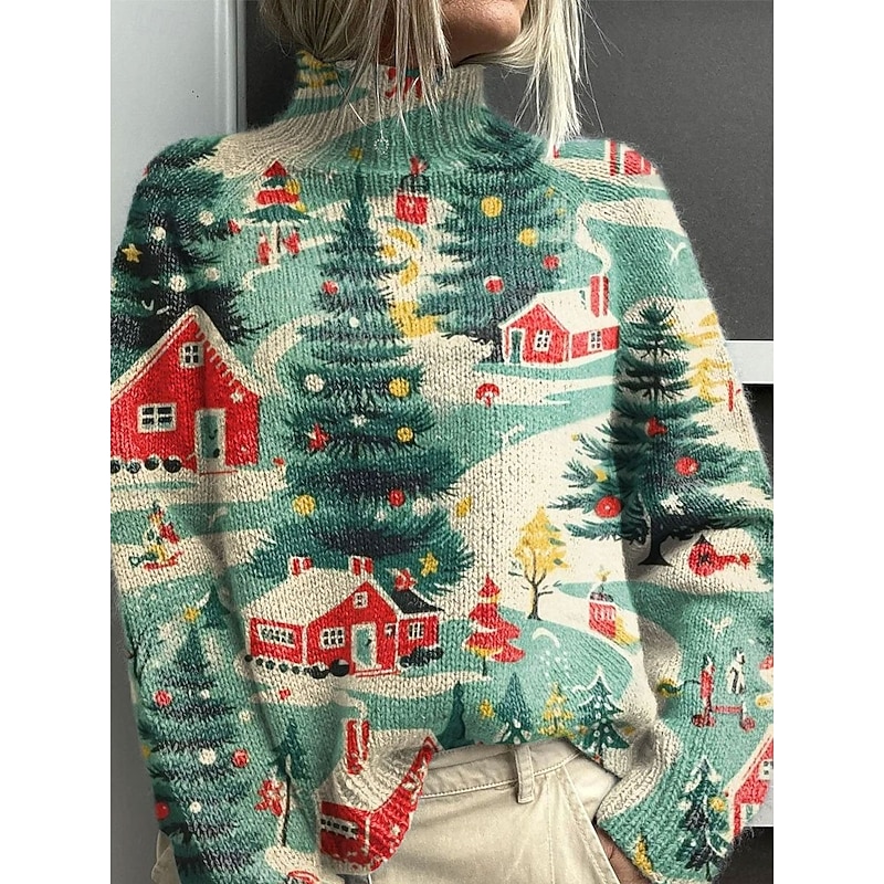 Women's Sweater Elegant Fashion Streetwear Graphic Tree Turtleneck Knitted Long Sleeve Regular Tops Knit Work Going out Black Red Fall Winter3