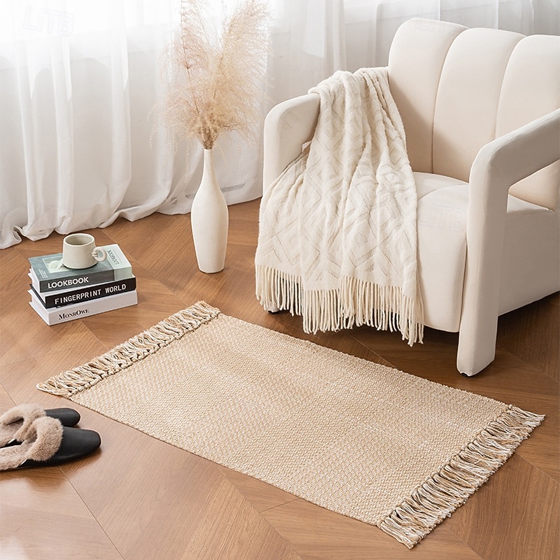 Minimalist Cotton Woven Tassel Rug For Living Room High End Polyester Blend Sofa Cushion Entryway Mat Bedroom Bedside Carpet Window Seat Decorative Soft Washable Floor Rug