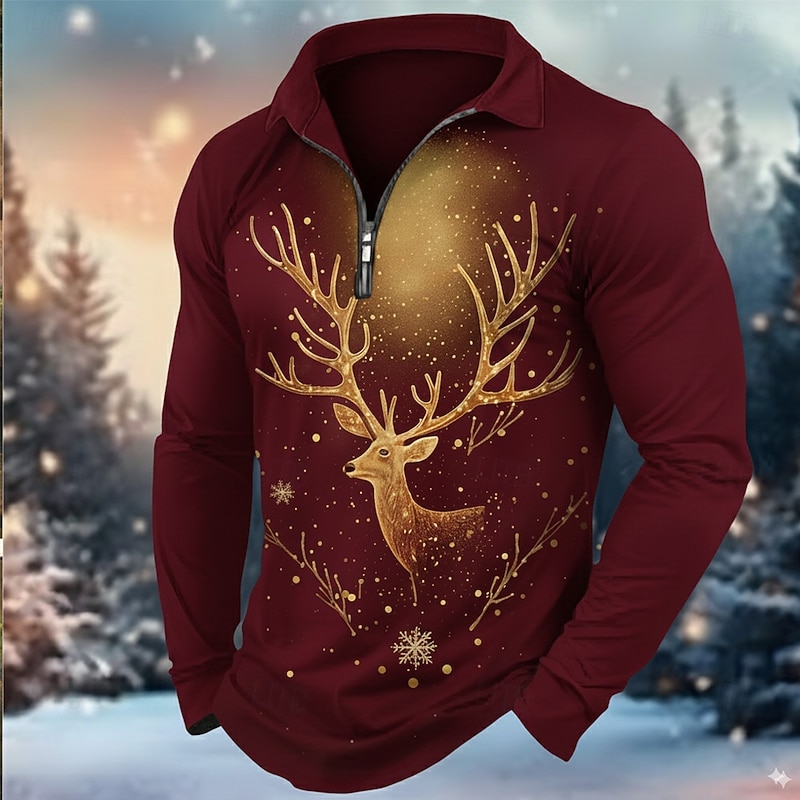 Christmas Men's Elk Polo Long Sleeve Turndown Modern Leisure Casual Daily Festival Zipper 3D Print Spring Fall Winter Black Red Dark Green2