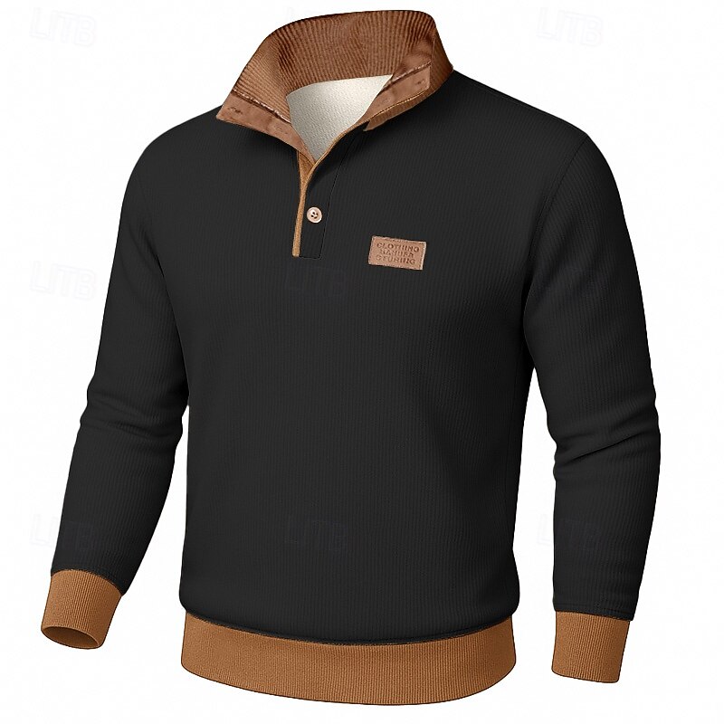 Men's Sweatshirt Corduroy Fleece Sweatshirt Pullover Button Up Hoodie Apricot Black Army Green Navy Blue Blue Standing Collar Plain Patchwork Color Block Textured Sports & Outdoor Casual Daily4