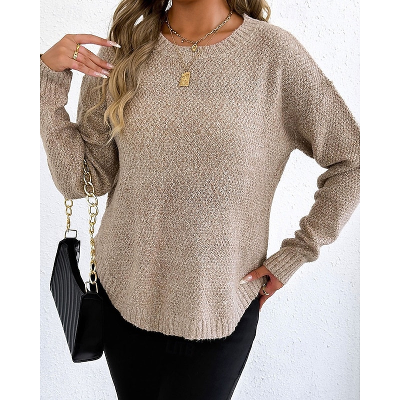 Women's Sweater Pullover Streetwear Casual Solid Color Crew Neck Knitted Long Sleeve Regular Tops Knit Holiday Going out Weekend Black Wine Fall Winter