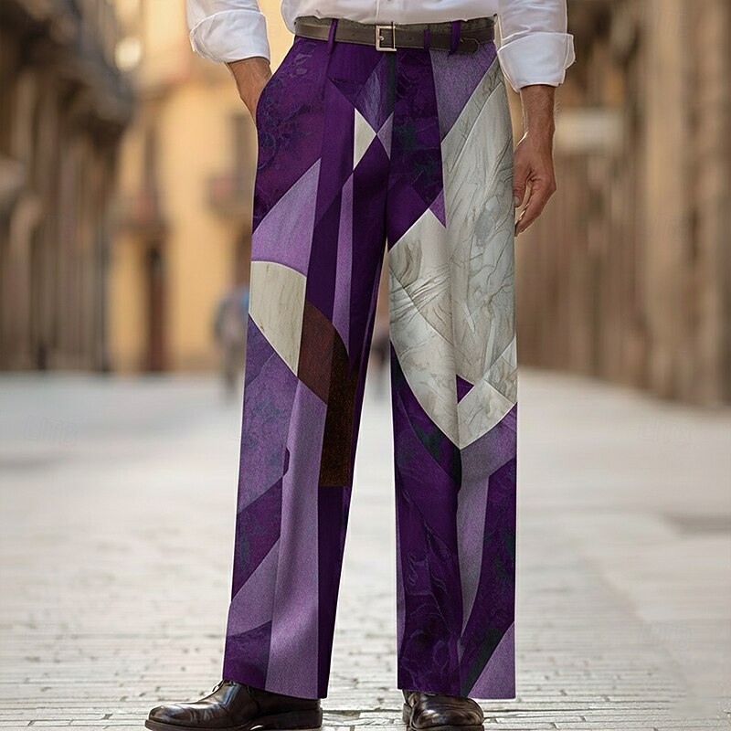 Men's Geometric Color Block Patchwork Trousers Dress Pants Suit Pants Mid Waist Fashion Casual Dailywear Holiday Streetwear Relaxed Fit Flat Front Dress Pants with Side Pockets Spring Fall 3D Print3