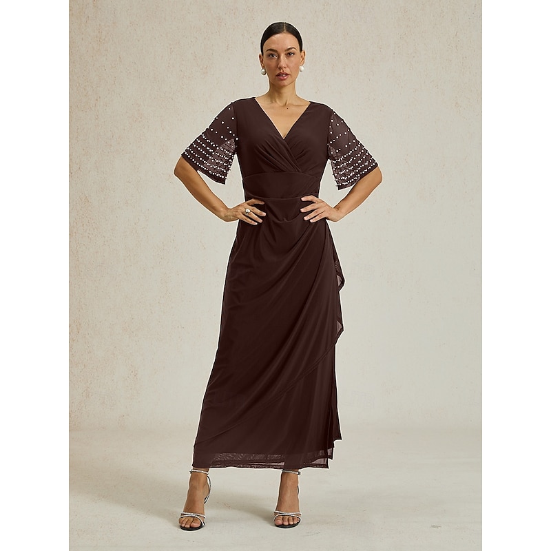 Women's Maxi Dress Sheath Dress Elegant Solid Color Short Sleeve V Neck Brown Summer Spring Fall