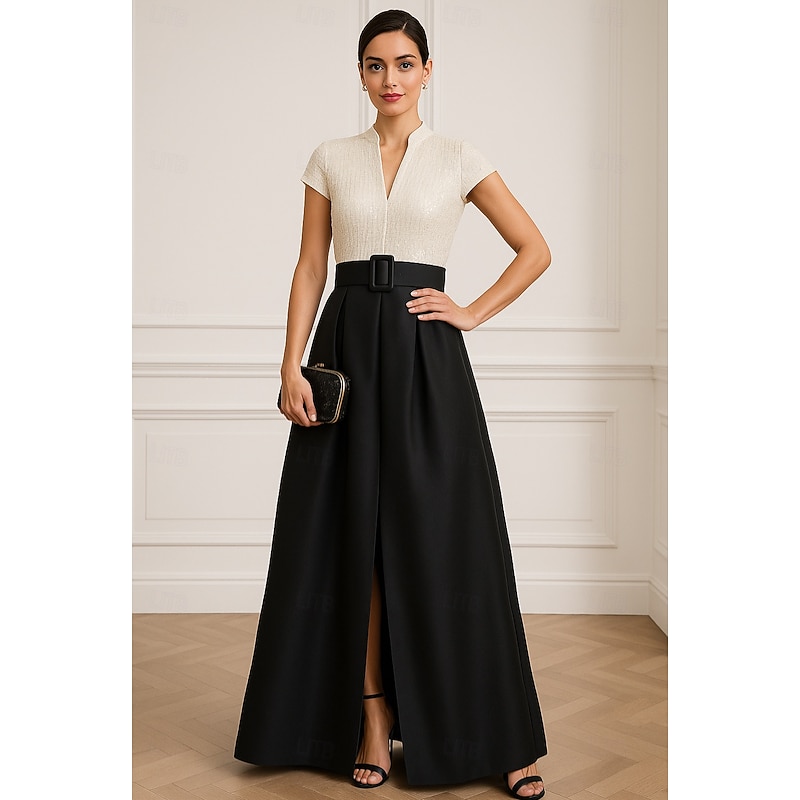 Black and White Gold Sequined A-Line Evening Gown Elegant Dress Formal Wedding Floor Length Short Sleeve V Neck Pocket Satin with Glitter 2025