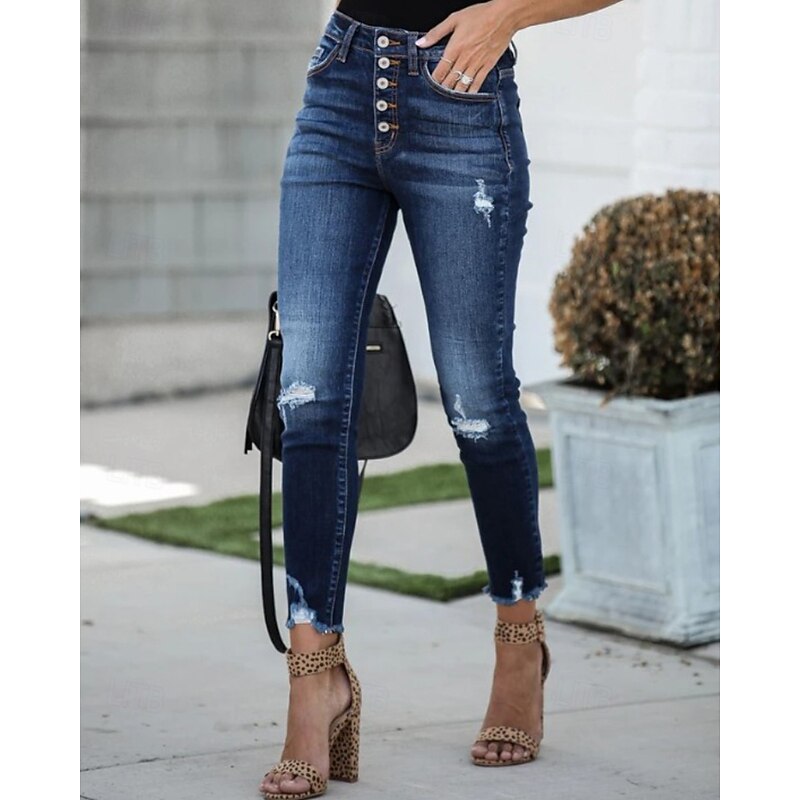 Women's Jeans Chinos Streetwear Casual Full Length Medium Waist Plain Pocket Comfortable Micro-elastic Outdoor Vacation Street Navy Spring Fall Skinny2