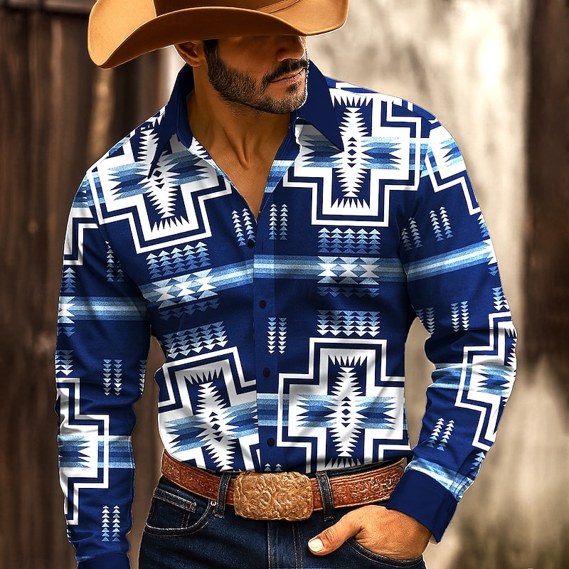 Men's Aztec Geometric Pattern Ethnic Shirt Western Shirt Button Up Shirt Long Sleeve Vintage Retro Outdoor Casual WorkWear Spring Fall Turndown 3D Print Collared Shirts Black Burgundy Blue Green4