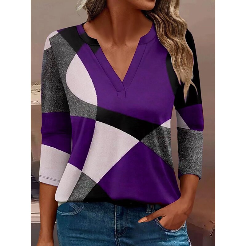 Women's T Shirt Graphic Geometric Vintage Stylish Classic Long Sleeve V Neck Notched Neck Regular Tops Daily Print Red Blue Purple Green Spring Fall Winter3