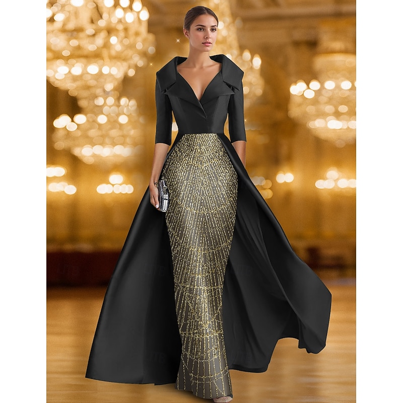 Black Gold A-Line Evening Gown Elegant Formal Dress Formal Wedding Floor Length Half Sleeve Shirt Collar Stretch Satin with Glitter Sequin 20252