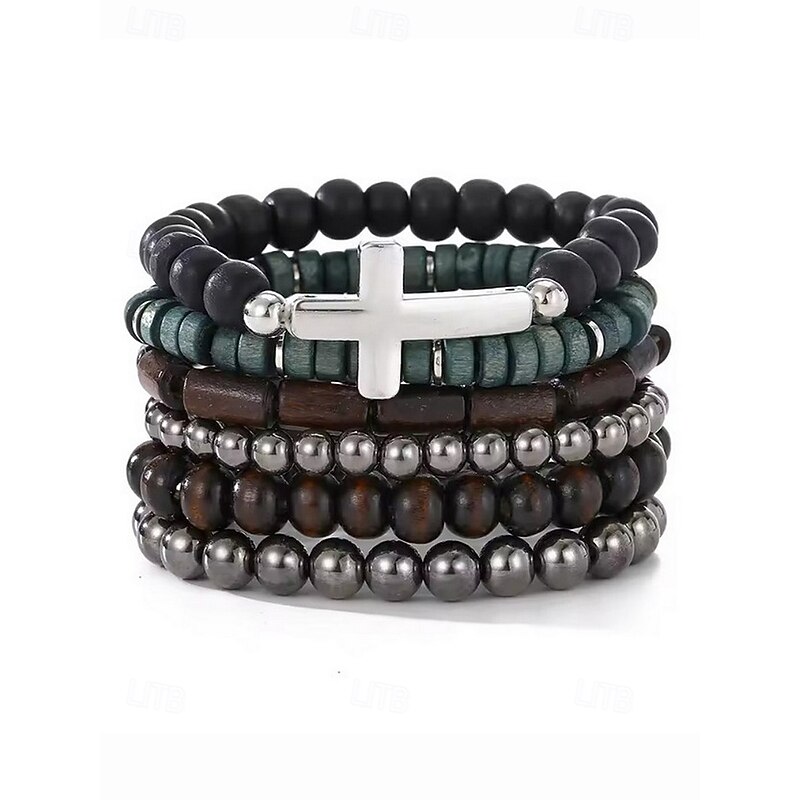 Men's Beaded Bracelet Set with Cross Charm, Multi-Layer Wooden and Metal Stretch Wristbands, Fashion Boho Jewelry for Casual, Party and Everyday Wear