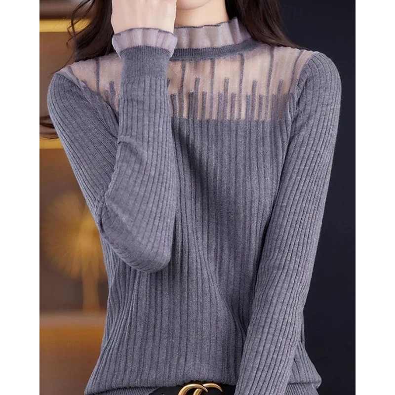 Women's Sweater Pullover Streetwear Casual Solid Color Stand Collar Lace Patchwork Knitted Long Sleeve Regular Tops Knit Daily Holiday Going out Black White Fall Winter4