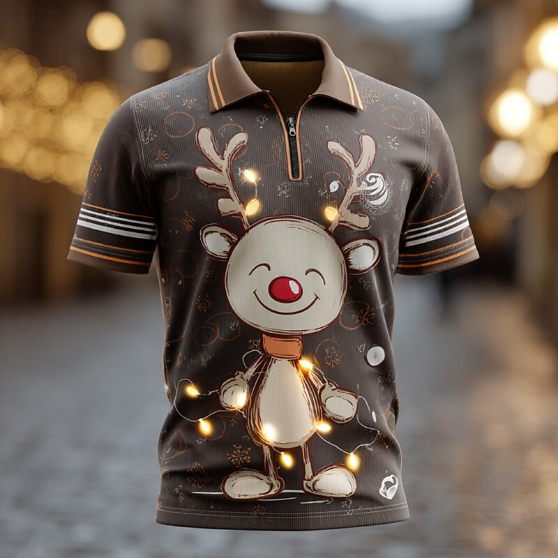 Christmas Men's Elk Zip Polo Short Sleeve Turndown Leisure Vacation Casual Daily Festival Zipper 3D Print Summer Black Red2