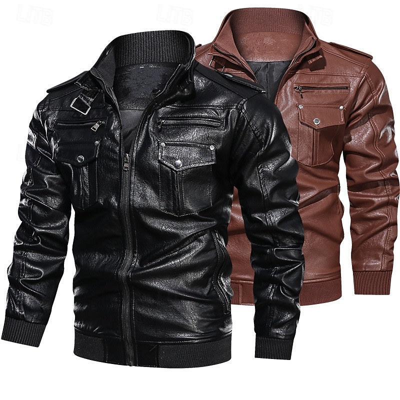 Men's Faux Leather Jacket Biker Jacket Motorcycle Jacket Vacation Daily Windproof Pocket Spring Fall Plain Fashion Classic Stand Collar Regular Black Brown Jacket