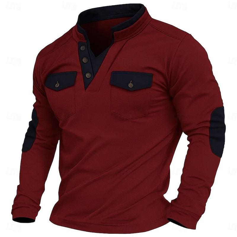 Men's V Neck Tee Tee Top Long Sleeve Shirt Long Sleeve V Neck Fall & Winter Patchwork Daily Casual Street Style Fashion Fake two piece Outdoor Street Causal Black White Wine Top Tee for Men