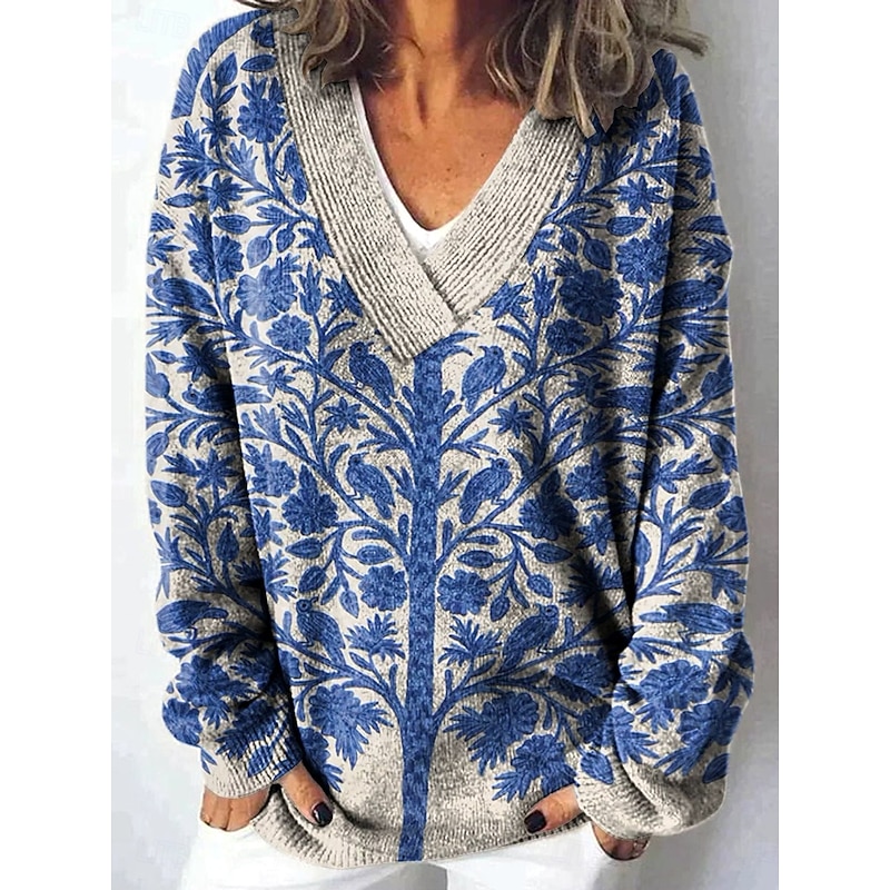 Women's Cardigan Daily Floral Graphic Geometric Ribbed V Neck Buttons Print Long Sleeve Regular Tops Knit Outdoor Weekend Navy Blue Royal Blue Spring Fall3