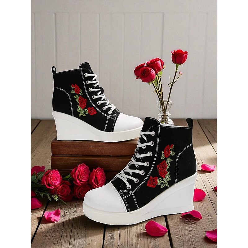 Women's Black Canvas Wedge Sneakers with Red Rose Embroidery, Lace-Up Platform Casual Shoes for Streetwear, Holloween Parties and Festivals