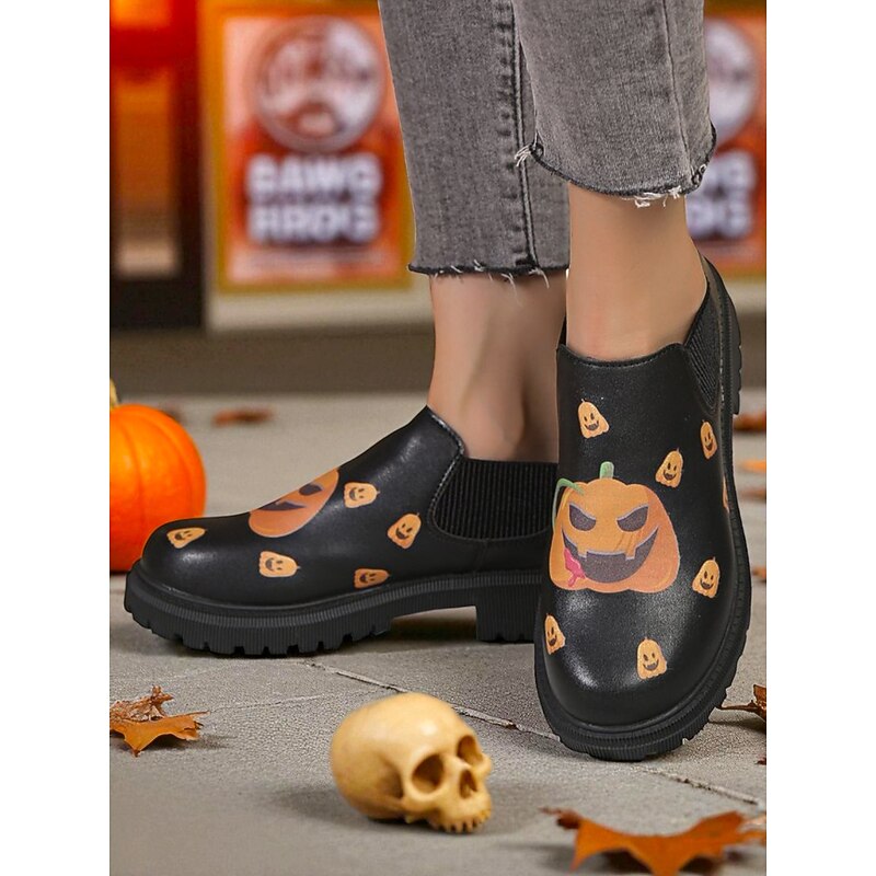 Women's Halloween Pumpkin Print Slip-On Ankle Boots – Black Faux Leather with Elastic Sides for Fall Party and Streetwear2