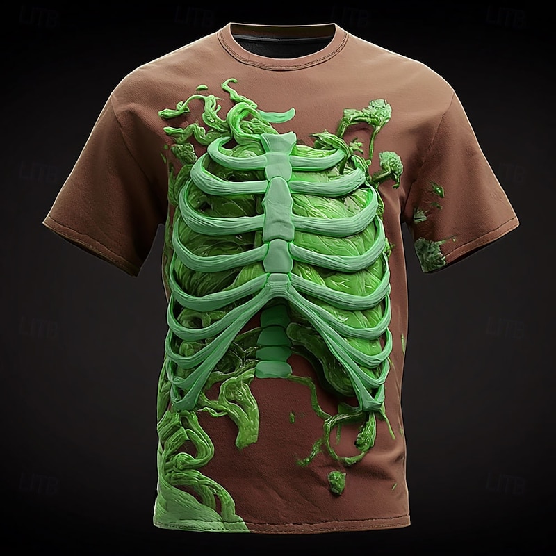 Halloween Men's Optical Illusion 3D Skeleton T Shirt Short Sleeve T shirt 3D Print Crew Neck Shirt Exaggerated Designer Horror Party Street Holiday Blue Purple Brown Summer Spring All Seasons3