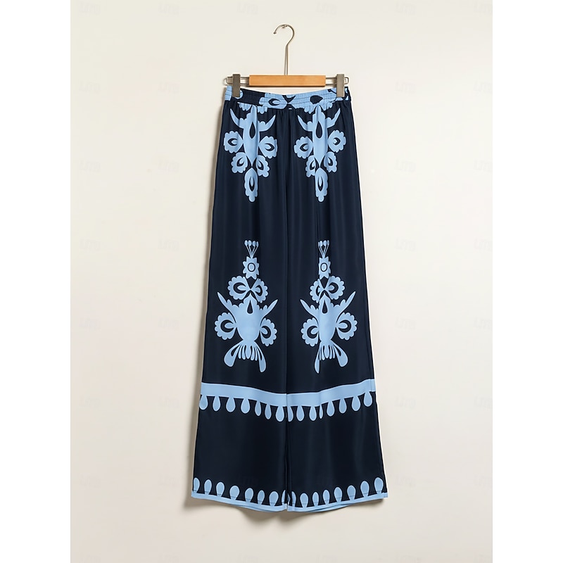 Women's Wide Leg Pants Silky Satin Elasticated Gathered Waist Straight Loose Ethnic Geometric Placement Print Casual Vacation Spring Summer Fall3