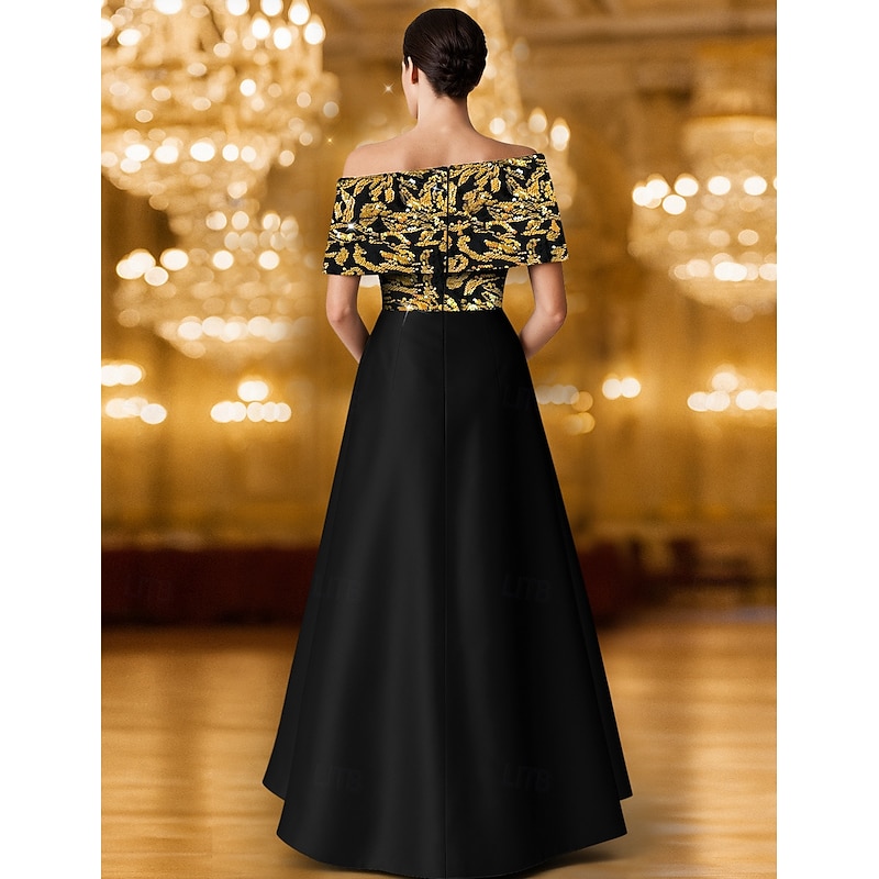 Black Gold Sequined A-Line Evening Gown Elegant Formal Dress Formal Wedding Floor Length One Shoulder Pocket Satin with Glitter Embroidery Shawl 20253