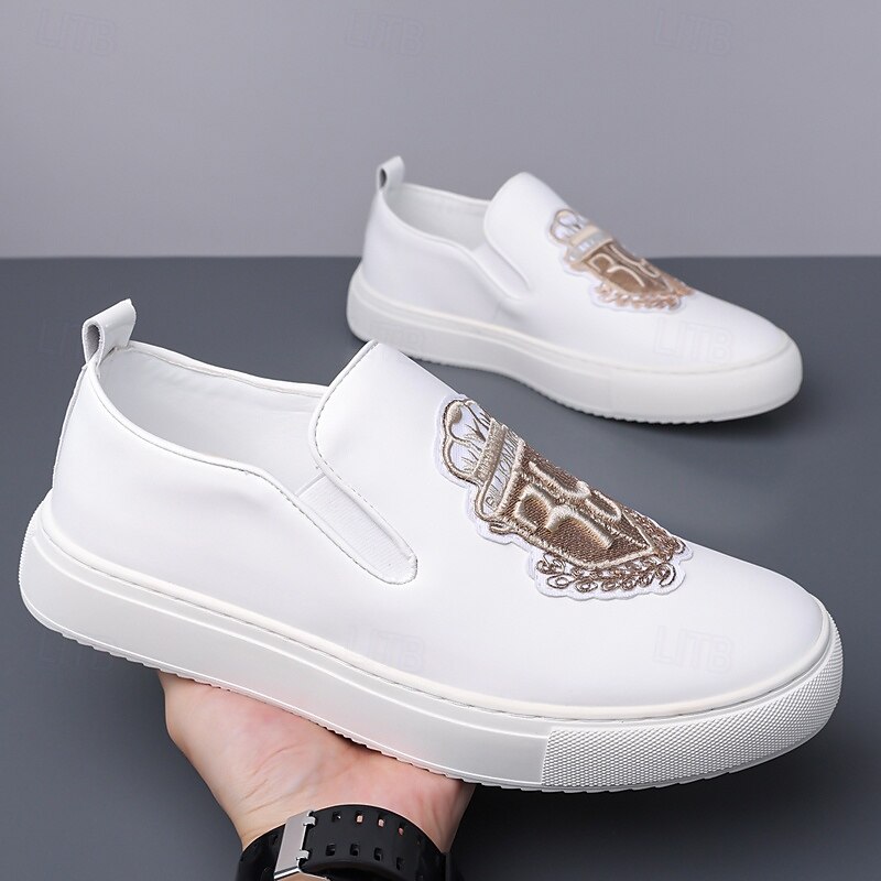 Men's White Casual Slip-On Sneakers – Embroidered Fashion Street Style Comfortable Walking Shoes for Daily Wear, Travel and Weekend Outfits3