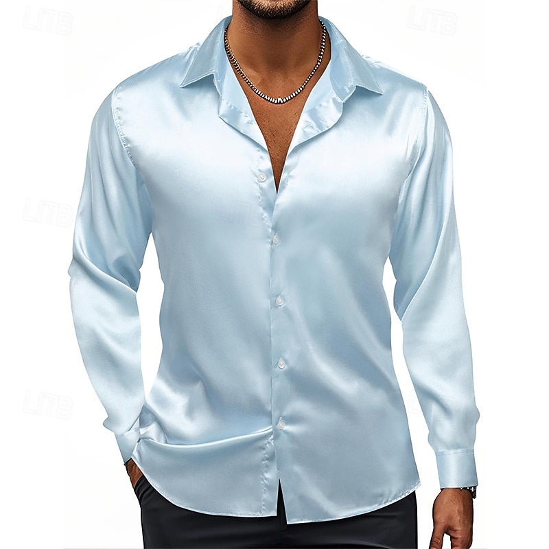 Men's Shirt Satin Shirt Casual Shirt Button Up Shirt Untucked Shirts Plain Daily Going out Light Blue Black White Wine Long Sleeve Lapel Spring &  Fall All Seasons Clothing Apparel