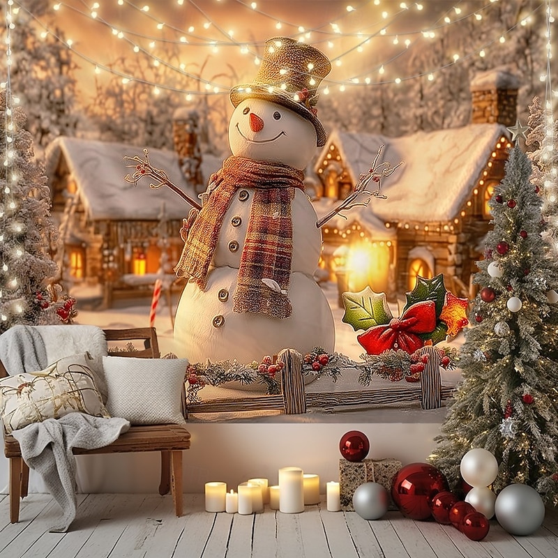 Christmas Wall Tapestry Backdrop, Group of Cute Snowmen with Christmas Tree and Gifts, 2025 Xmas Winter Wonderland Holiday Wall Hanging for Home Party4