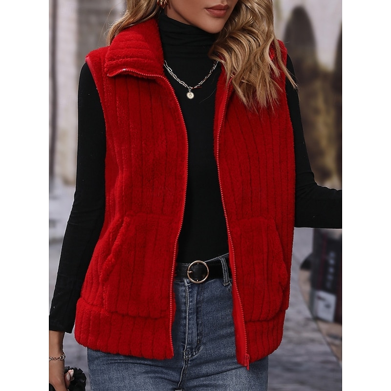 Women's Fleece Vest Comfortable Breathable Zipper Buttons Casual Plain Vacation Street Casual Daily Wear Zipper Regular Stand Collar Regular Fit Sleeveless Outerwear Black Red Apricot Spring Fall3