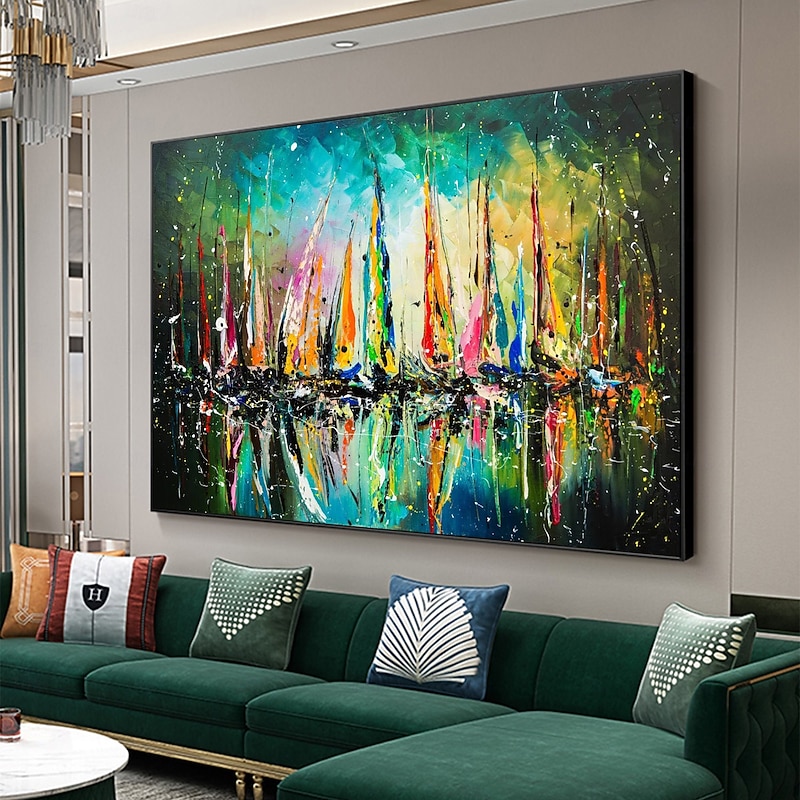 Original Painting On Canvas, Abstract Colorful Sailboat Oil Painting, Seascape Painting, Large Wall Art,Living Room Wall Decor,Wall Hangings2