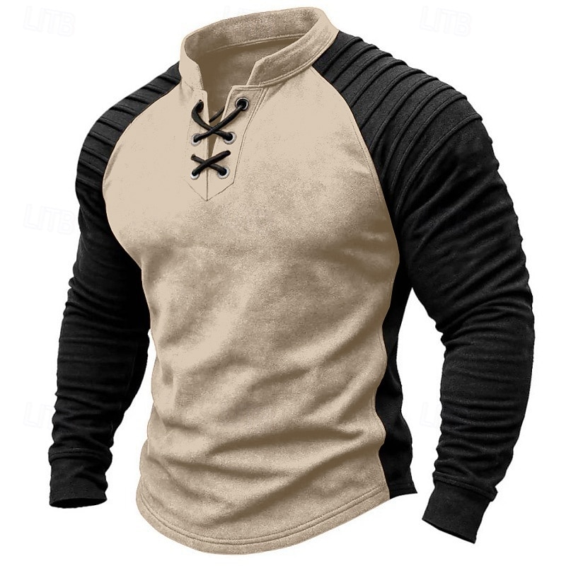 Men's Faux Suede T Shirt Henley Shirt Long Sleeve Vintage Stand Collar Fall Winter Spring & Fall Color Block Knitwear Daily Casual Lace up Outdoor Causal Casual Dark Brown Gray Top Tee for Men4