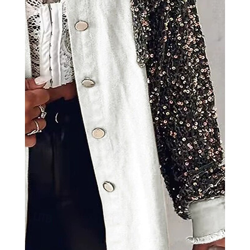 Women's Casual Jacket Comfortable Breathable Pocket Buttons Casual Color Block Vacation Street Casual Daily Wear Single Breasted Short Turndown Loose Fit Long Sleeve Outerwear White Spring Fall3