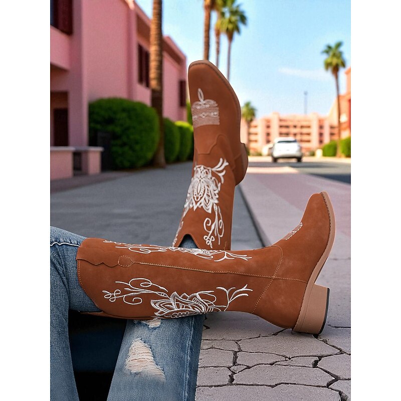 Women's Brown Western Cowboy Embroidered Boots Faux Leather Country Rodeo Cowgirl Style Shoes for Outdoor Festival, Halloween Costume and Cosplay Party4