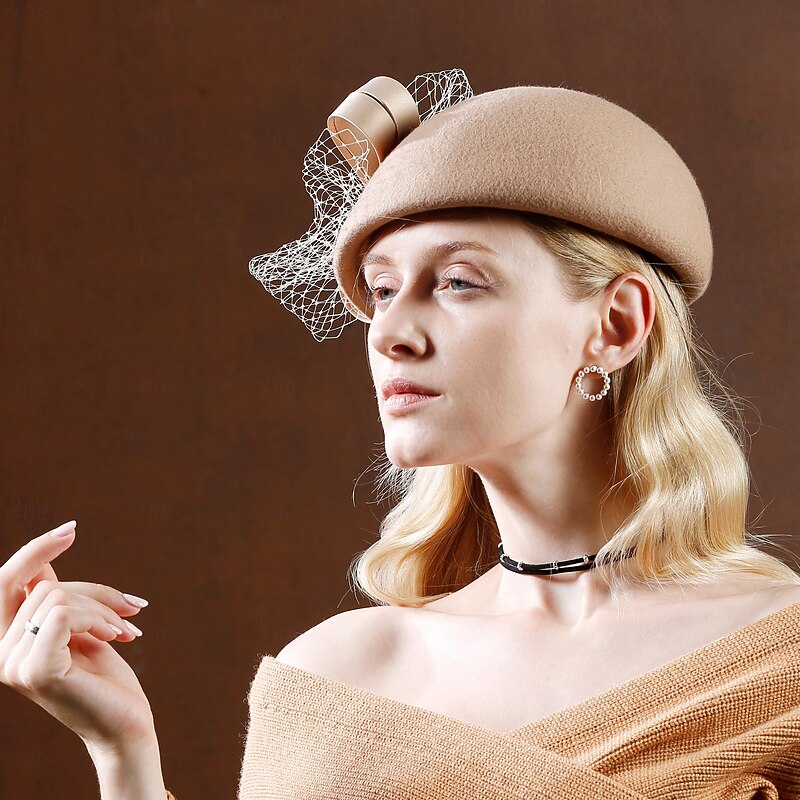 Hats 100% Wool Beret Hat Bowler / Cloche Hat Tea Party Cocktail Elegant British With Bowknot Pure Color Headpiece Headwear4